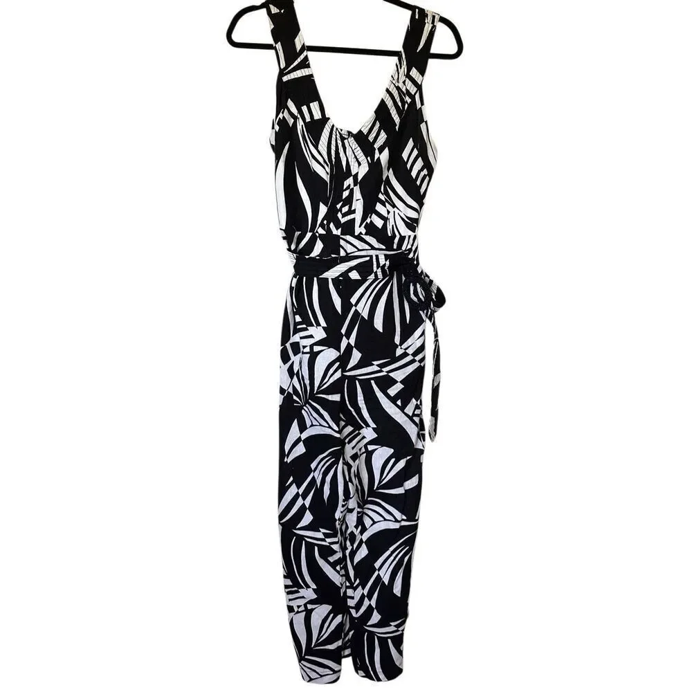 Tahari Linen Blend V-Neck Belted Women’s Jumpsuit Pants Romper Black/White Sz 10